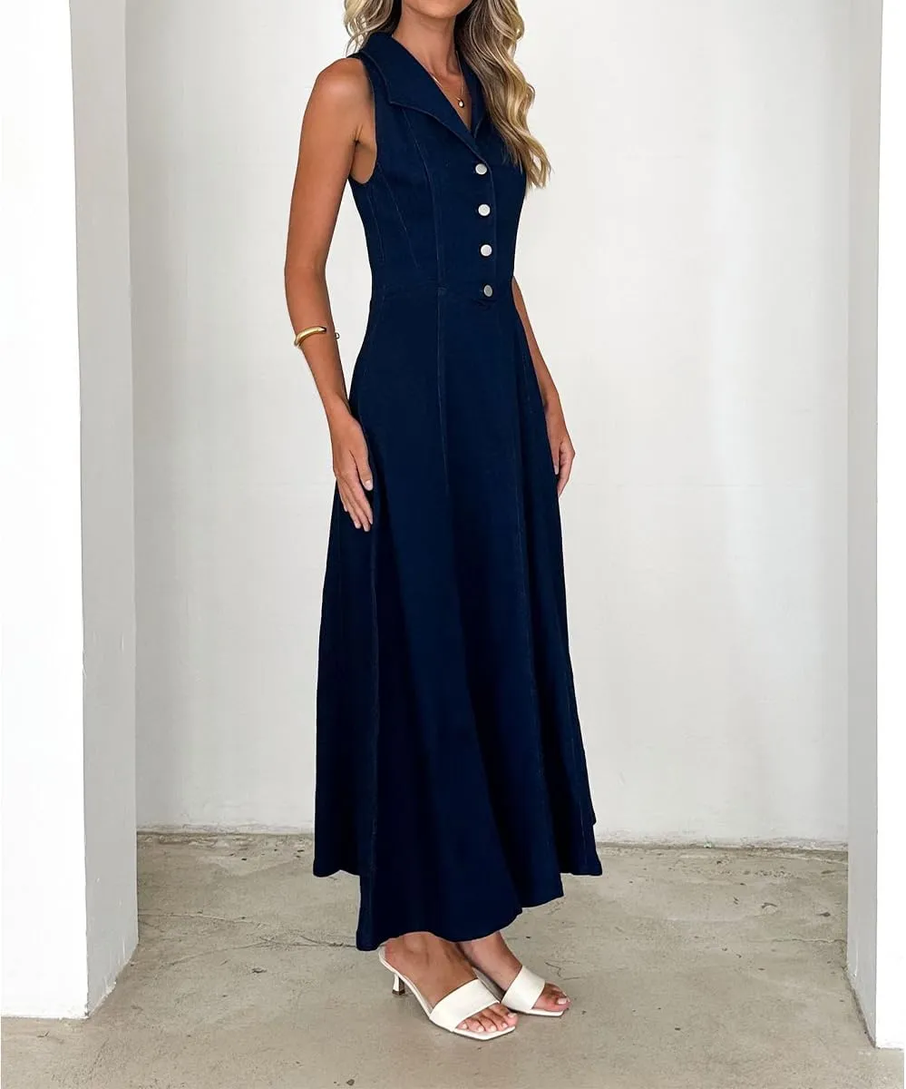 Denim Dress for Women High Waist Sleeveless Lapel Buttons Slim Fit A-Line Midi Jean Dress