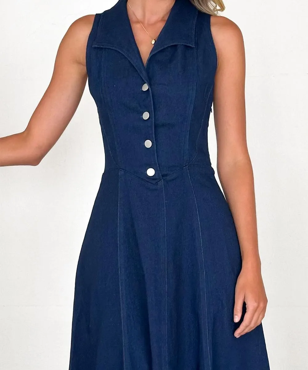 Denim Dress for Women High Waist Sleeveless Lapel Buttons Slim Fit A-Line Midi Jean Dress