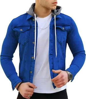 Denim Hoodie Military Jacket for Men Casual Slim Fit Button Down Jeans Coat Fashion Winter Denim Trucker Jacket