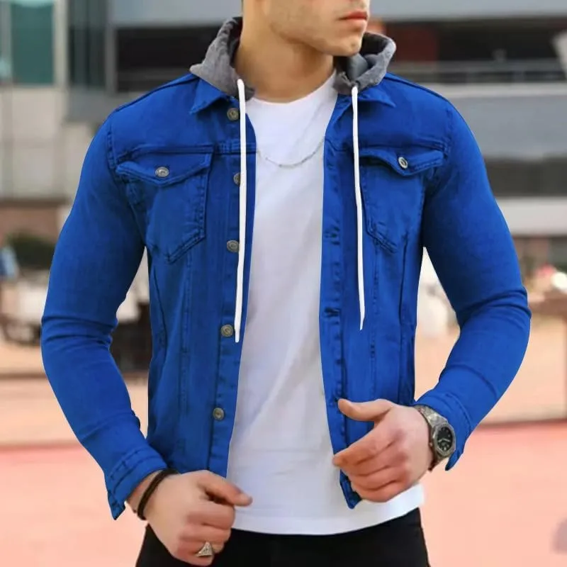 Denim Hoodie Military Jacket for Men Casual Slim Fit Button Down Jeans Coat Fashion Winter Denim Trucker Jacket