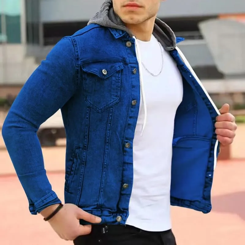 Denim Hoodie Military Jacket for Men Casual Slim Fit Button Down Jeans Coat Fashion Winter Denim Trucker Jacket
