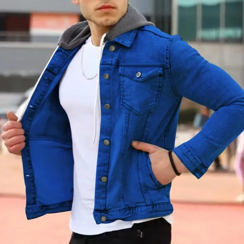 Denim Hoodie Military Jacket for Men Casual Slim Fit Button Down Jeans Coat Fashion Winter Denim Trucker Jacket