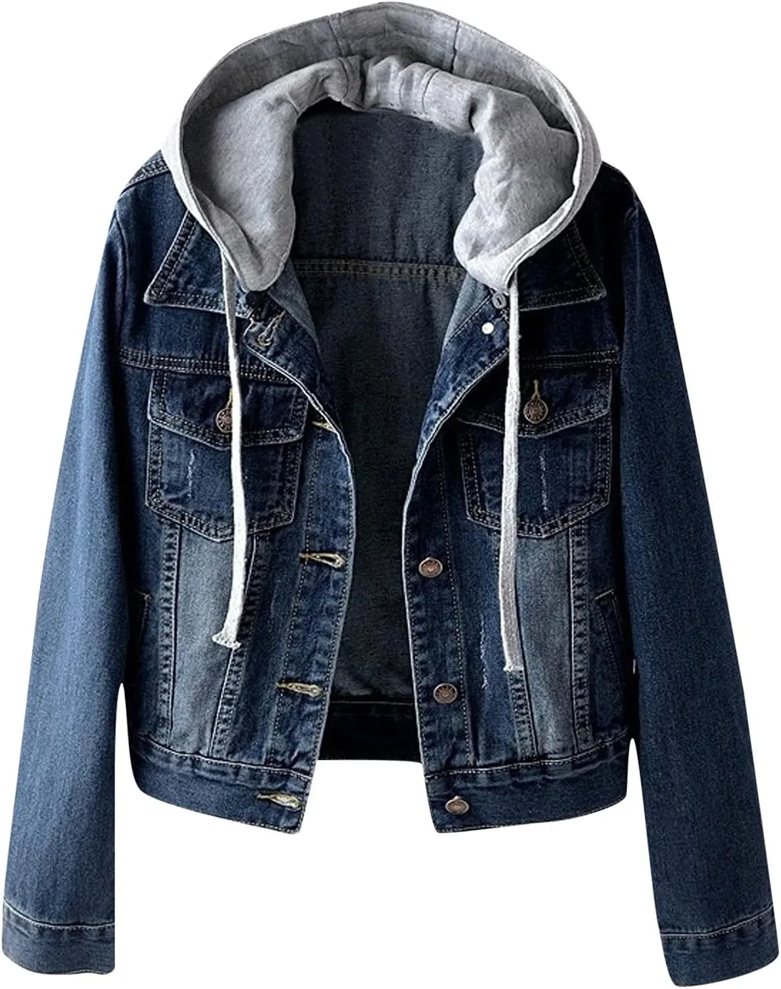 Denim Jacket for Women Casual Denim Jacket Coat Hoodie Pullover Sweatshirt Distressed Costume Long Sleeve Jean Tops