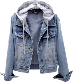 Denim Jacket for Women Casual Denim Jacket Coat Hoodie Pullover Sweatshirt Distressed Costume Long Sleeve Jean Tops