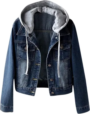 Denim Jacket for Women Casual Denim Jacket Coat Hoodie Pullover Sweatshirt Distressed Costume Long Sleeve Jean Tops