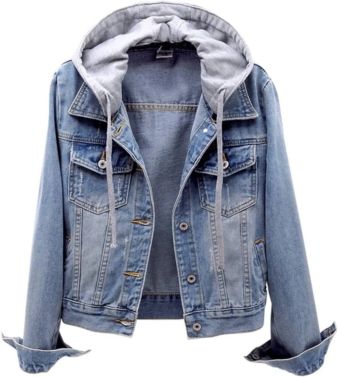 Denim Jacket for Women Casual Denim Jacket Coat Hoodie Pullover Sweatshirt Distressed Costume Long Sleeve Jean Tops