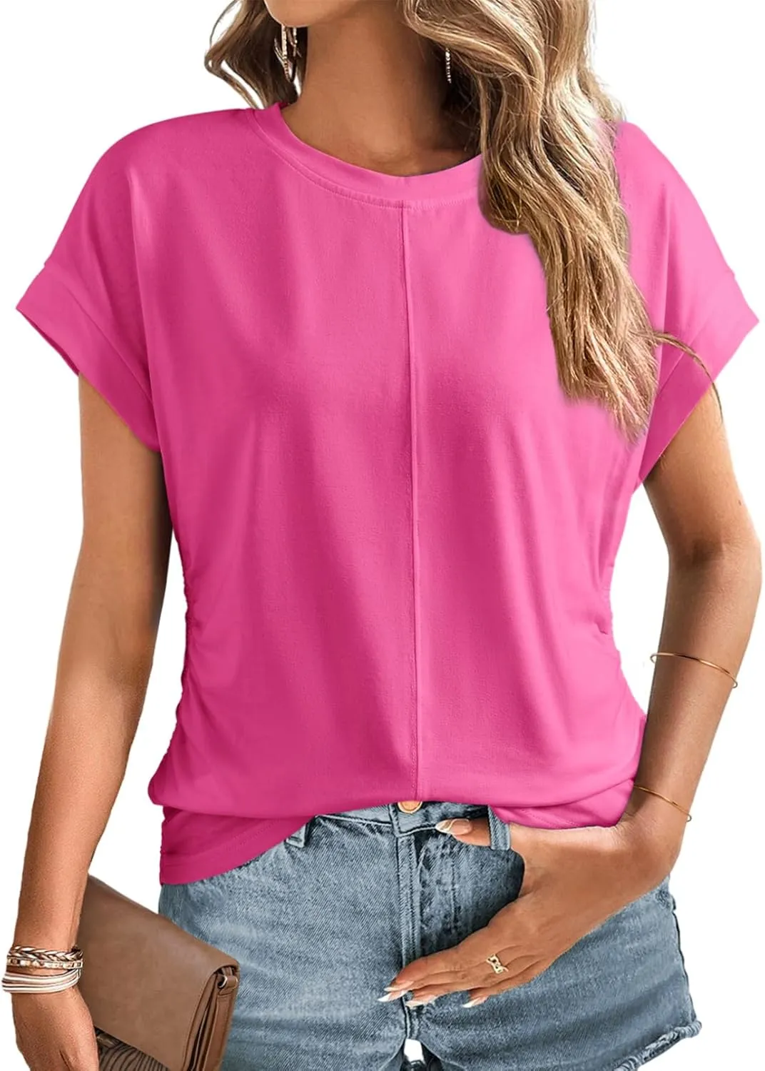 Dokotoo Spring Tops for Women 2025 Round Neck Cap Sleeve Side Ruched Summer Tops for Women Trendy Women Clothing