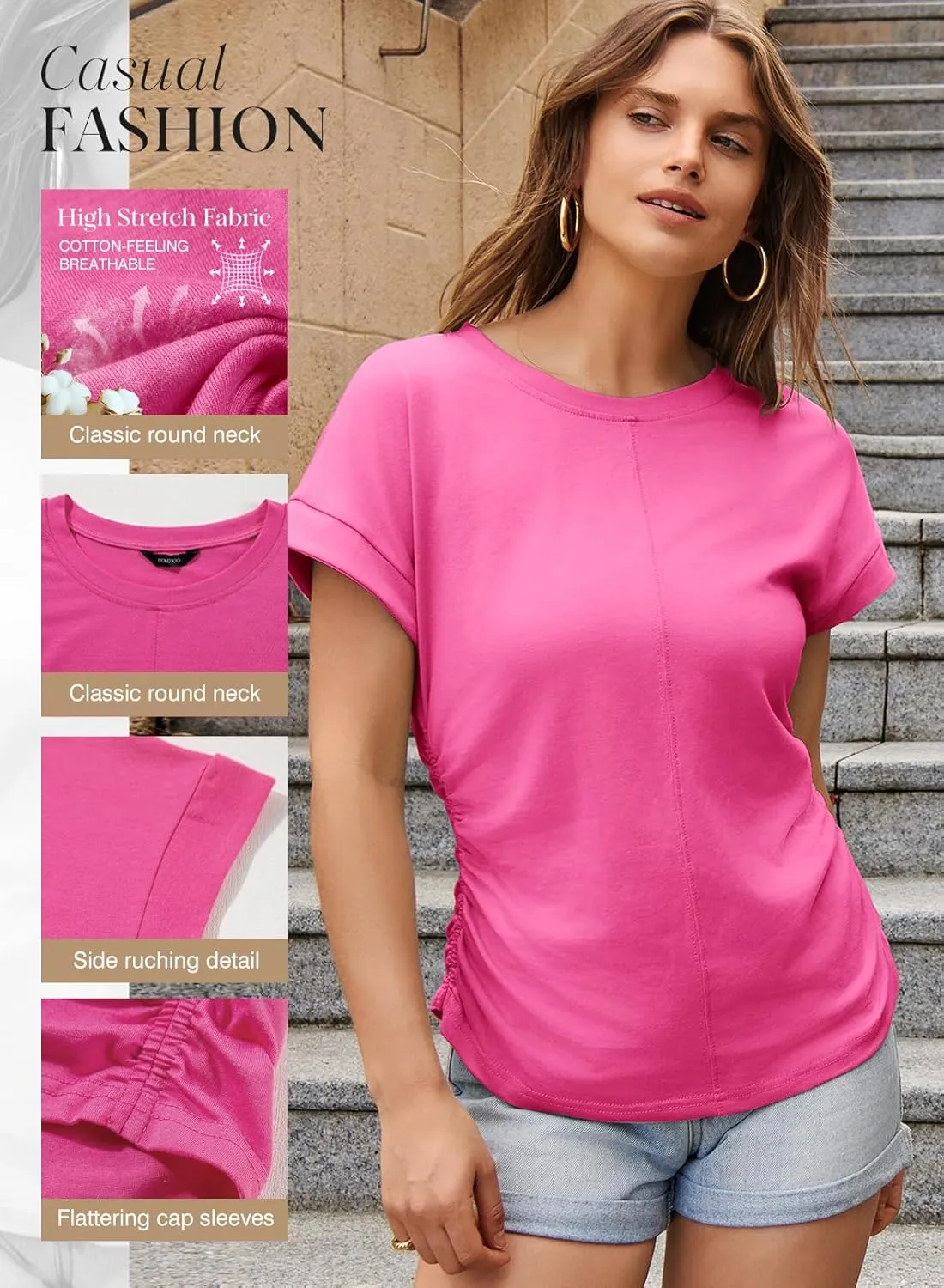 Dokotoo Spring Tops for Women 2025 Round Neck Cap Sleeve Side Ruched Summer Tops for Women Trendy Women Clothing