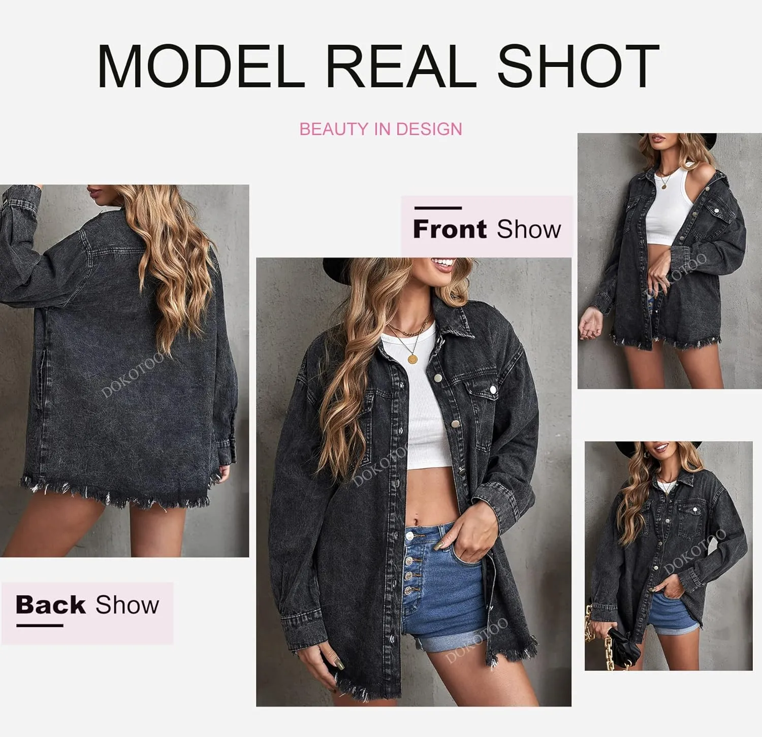 Dokotoo Women's Oversized Denim Jacket Casual Long Sleeve Denim Shirts Distresse Jean Jacket 2025 Spring Outfits