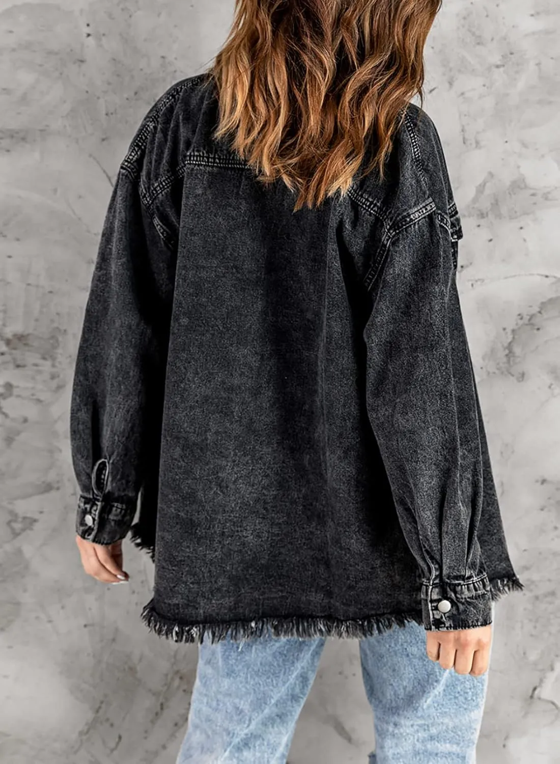Dokotoo Women's Oversized Denim Jacket Casual Long Sleeve Denim Shirts Distresse Jean Jacket 2025 Spring Outfits