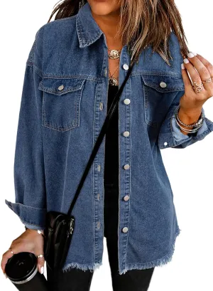 Dokotoo Women's Oversized Denim Jacket Casual Long Sleeve Denim Shirts Distresse Jean Jacket 2025 Spring Outfits