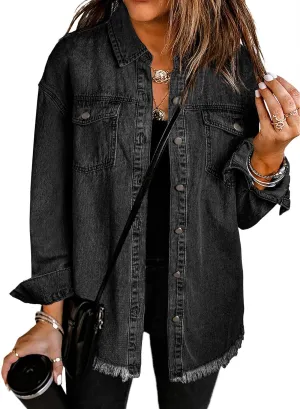 Dokotoo Women's Oversized Denim Jacket Casual Long Sleeve Denim Shirts Distresse Jean Jacket 2025 Spring Outfits