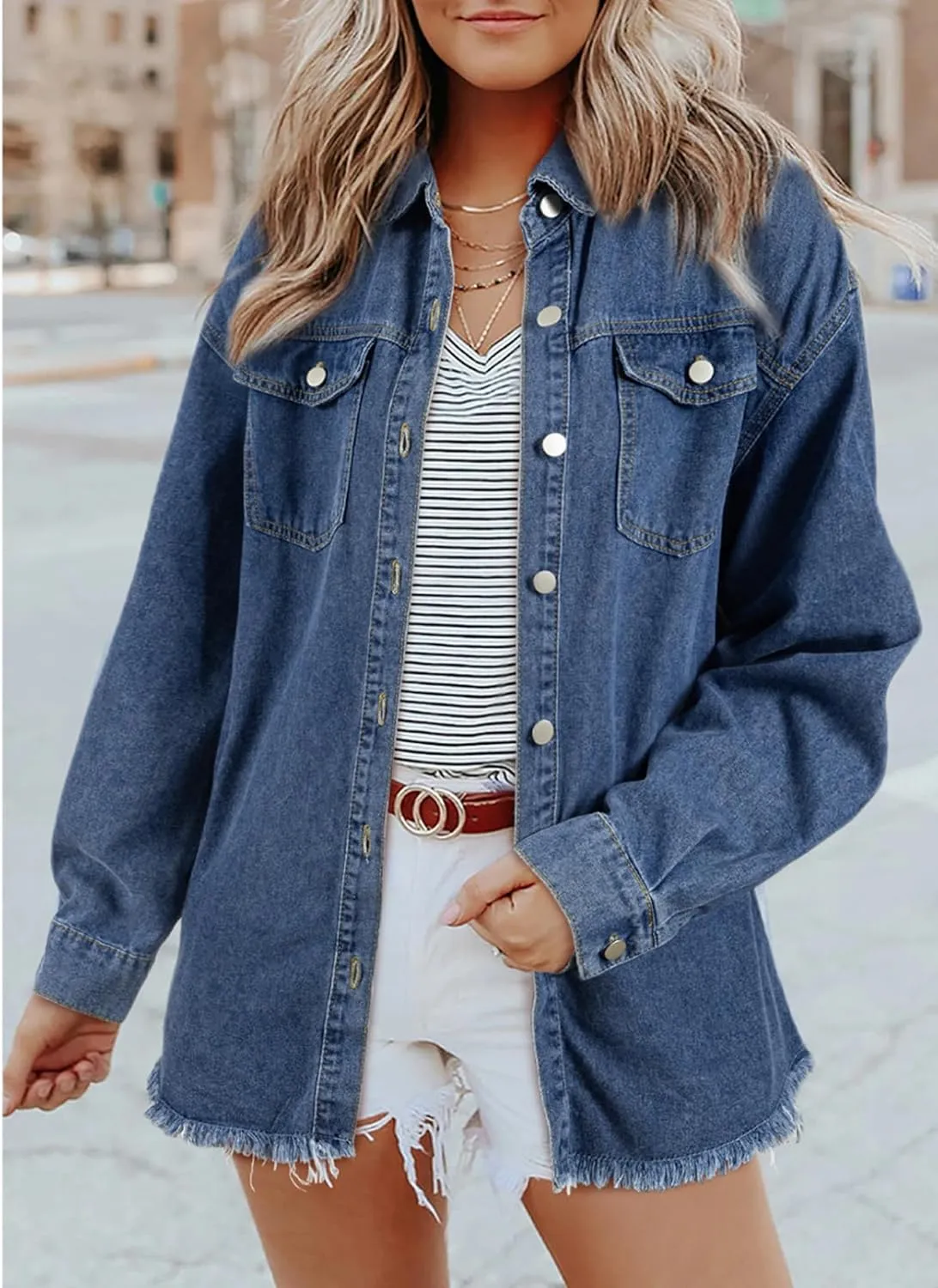 Dokotoo Women's Oversized Denim Jacket Casual Long Sleeve Denim Shirts Distresse Jean Jacket 2025 Spring Outfits