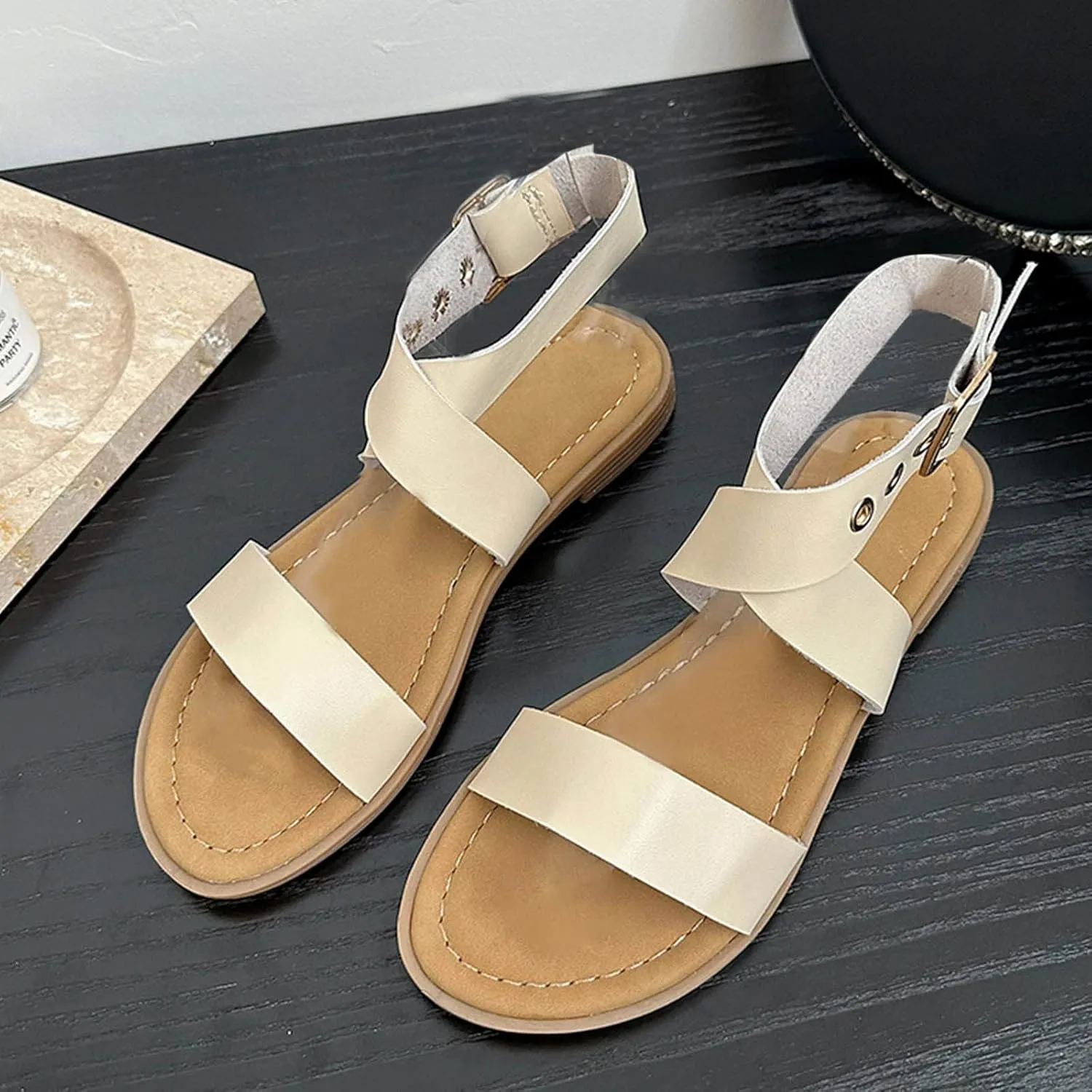 Dressy Sandals for Women Backless Width Strap Casual Flat Sandal Comfortable Comfy Summer Vacation Shoes