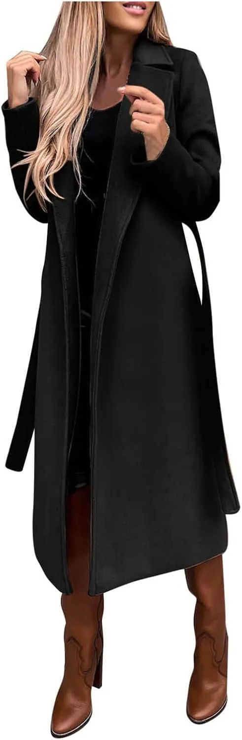 ebossy Women's Faux Wool Open Front Thin Trench Coat Classic Lapel Belted Slim Maxi Long Overcoat