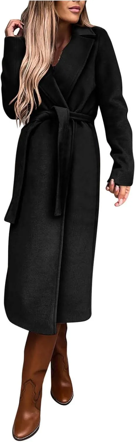 ebossy Women's Faux Wool Open Front Thin Trench Coat Classic Lapel Belted Slim Maxi Long Overcoat