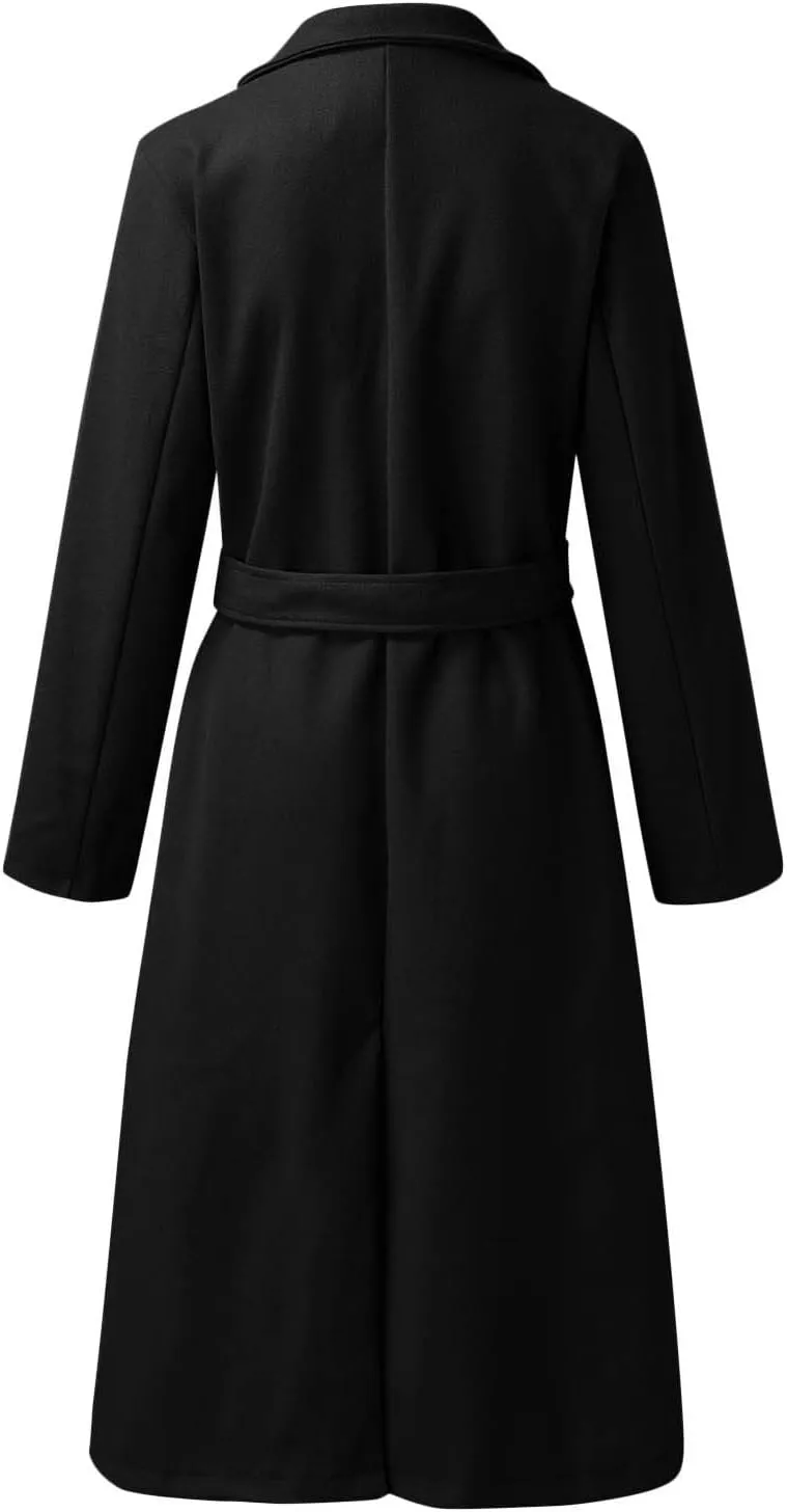 ebossy Women's Faux Wool Open Front Thin Trench Coat Classic Lapel Belted Slim Maxi Long Overcoat