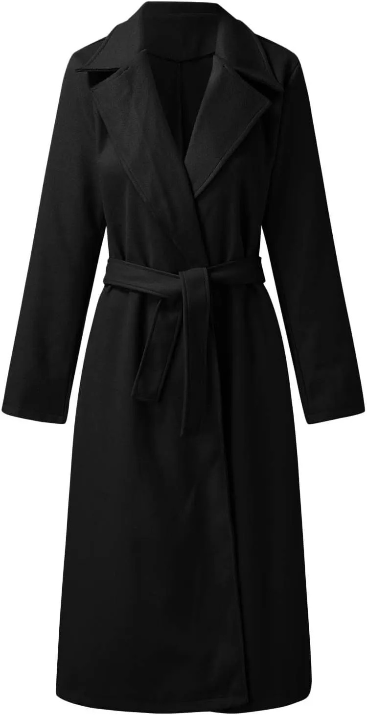 ebossy Women's Faux Wool Open Front Thin Trench Coat Classic Lapel Belted Slim Maxi Long Overcoat