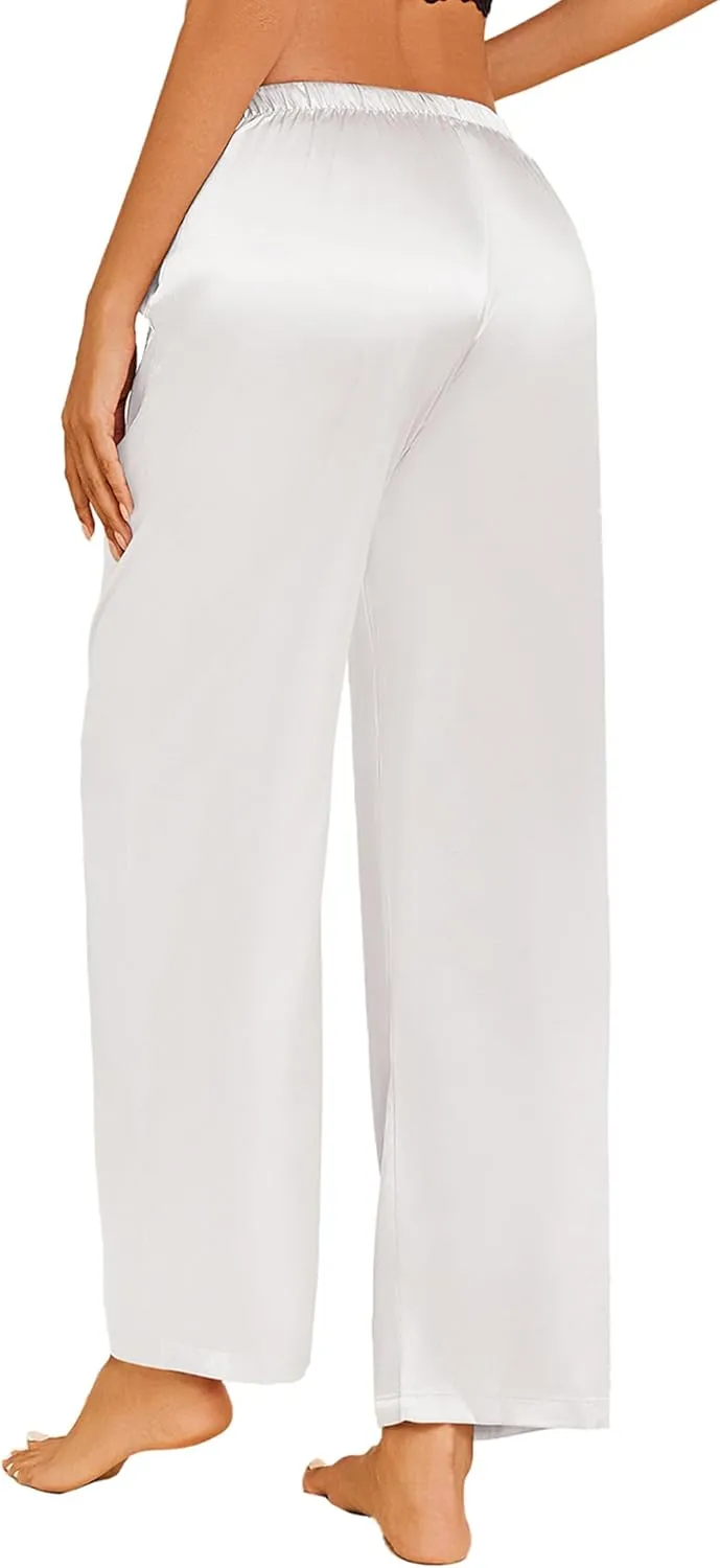 Ekouaer Womens Silk Satin Pajama Pants Casual Loose Lounge Pants Drawstring Elastic Waist Wide Leg Pj Bottoms with Pockets