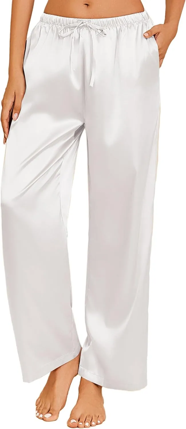 Ekouaer Womens Silk Satin Pajama Pants Casual Loose Lounge Pants Drawstring Elastic Waist Wide Leg Pj Bottoms with Pockets