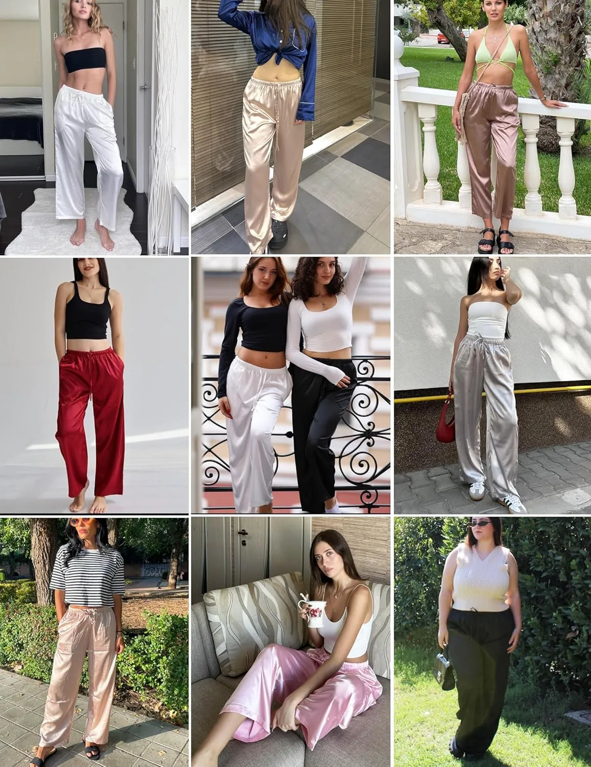 Ekouaer Womens Silk Satin Pajama Pants Casual Loose Lounge Pants Drawstring Elastic Waist Wide Leg Pj Bottoms with Pockets