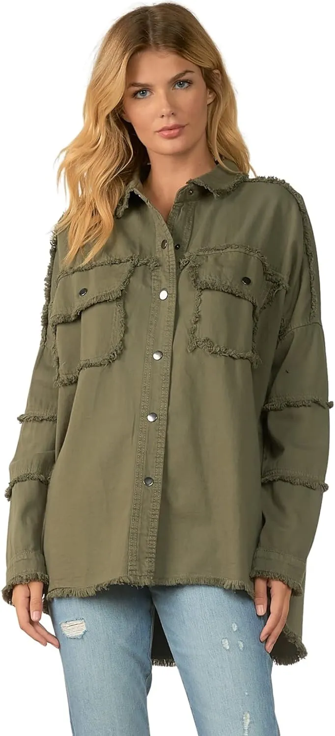 ELAN Women's Rock and Roll Distressed Button Up Jacket