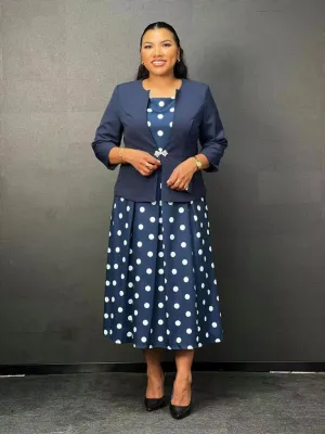 Elegant Navy Polka Dot Dress and Navy Jacket