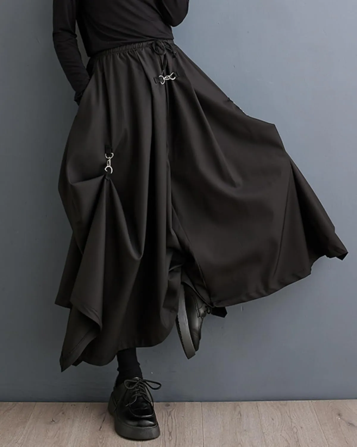 ellazhu Women's Oversized Irregular Drop Crotch Harem Hakama Pleated Drawstring Pants GZ116 A