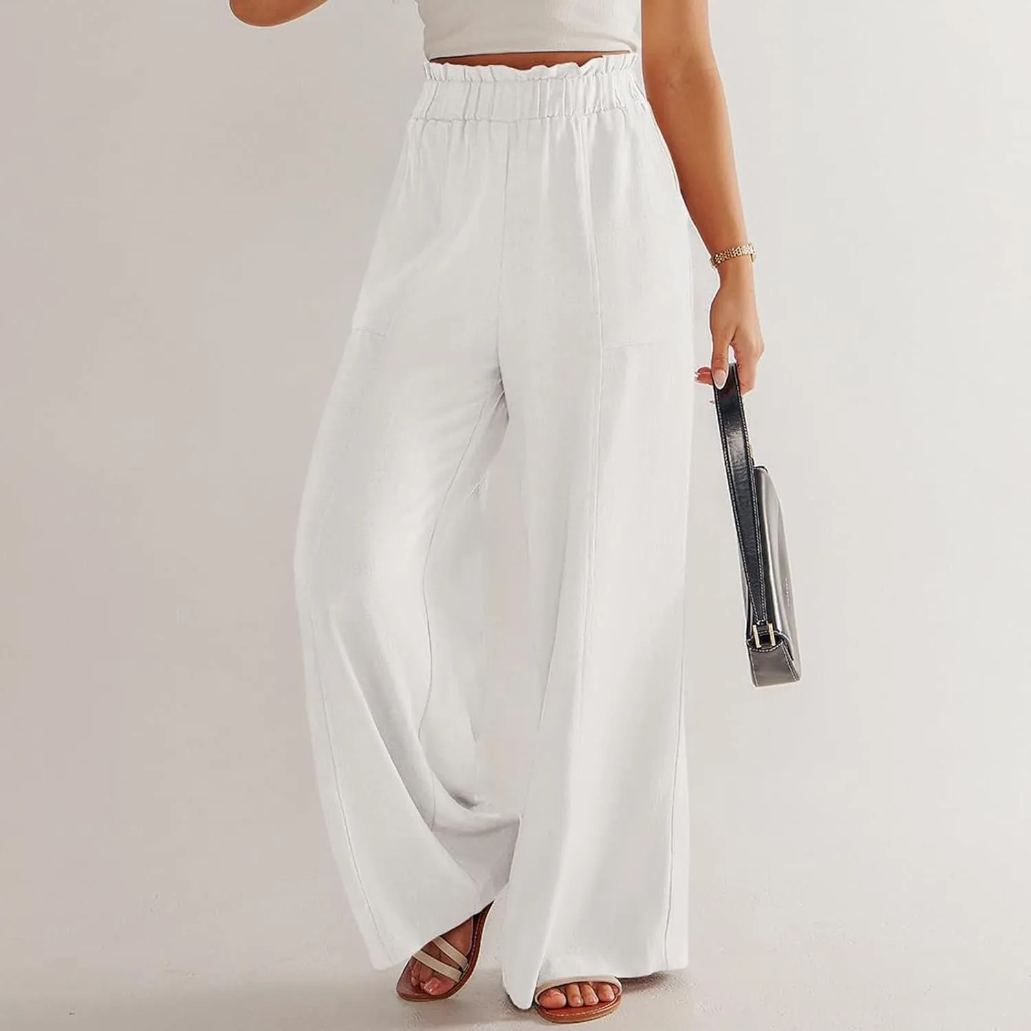 eoeioa Wide Leg Linen Pants for Women Summer Elastic High Waisted Palazzo Pants Business Casual Beach Trousers with Pockets