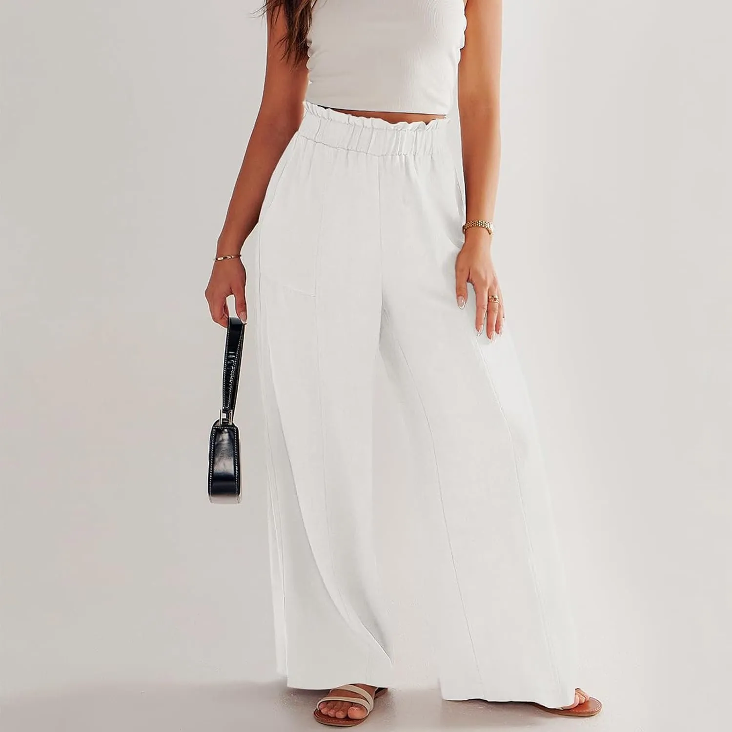 eoeioa Wide Leg Linen Pants for Women Summer Elastic High Waisted Palazzo Pants Business Casual Beach Trousers with Pockets