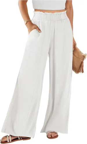 eoeioa Wide Leg Linen Pants for Women Summer Elastic High Waisted Palazzo Pants Business Casual Beach Trousers with Pockets