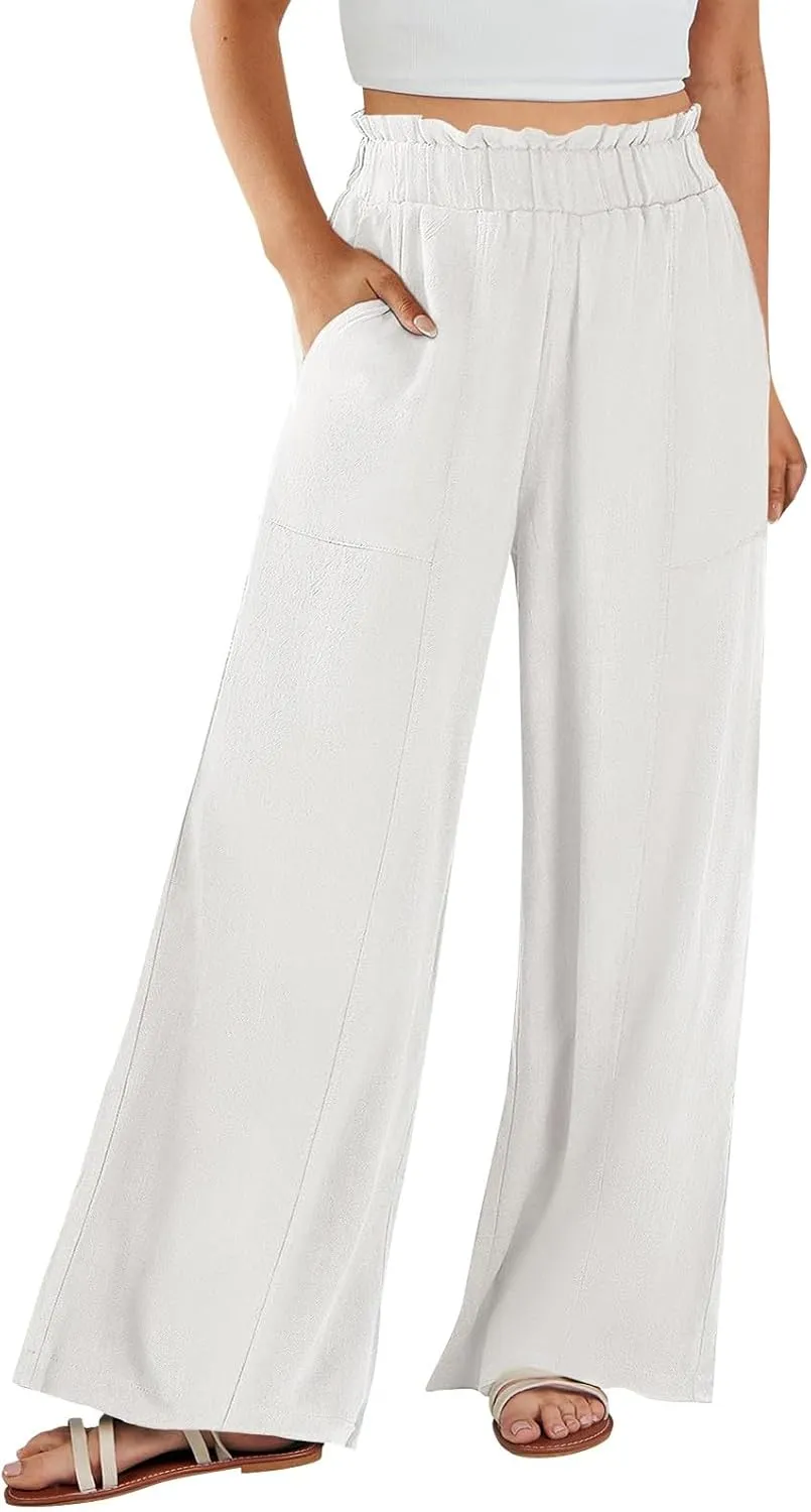 eoeioa Wide Leg Linen Pants for Women Summer Elastic High Waisted Palazzo Pants Business Casual Beach Trousers with Pockets