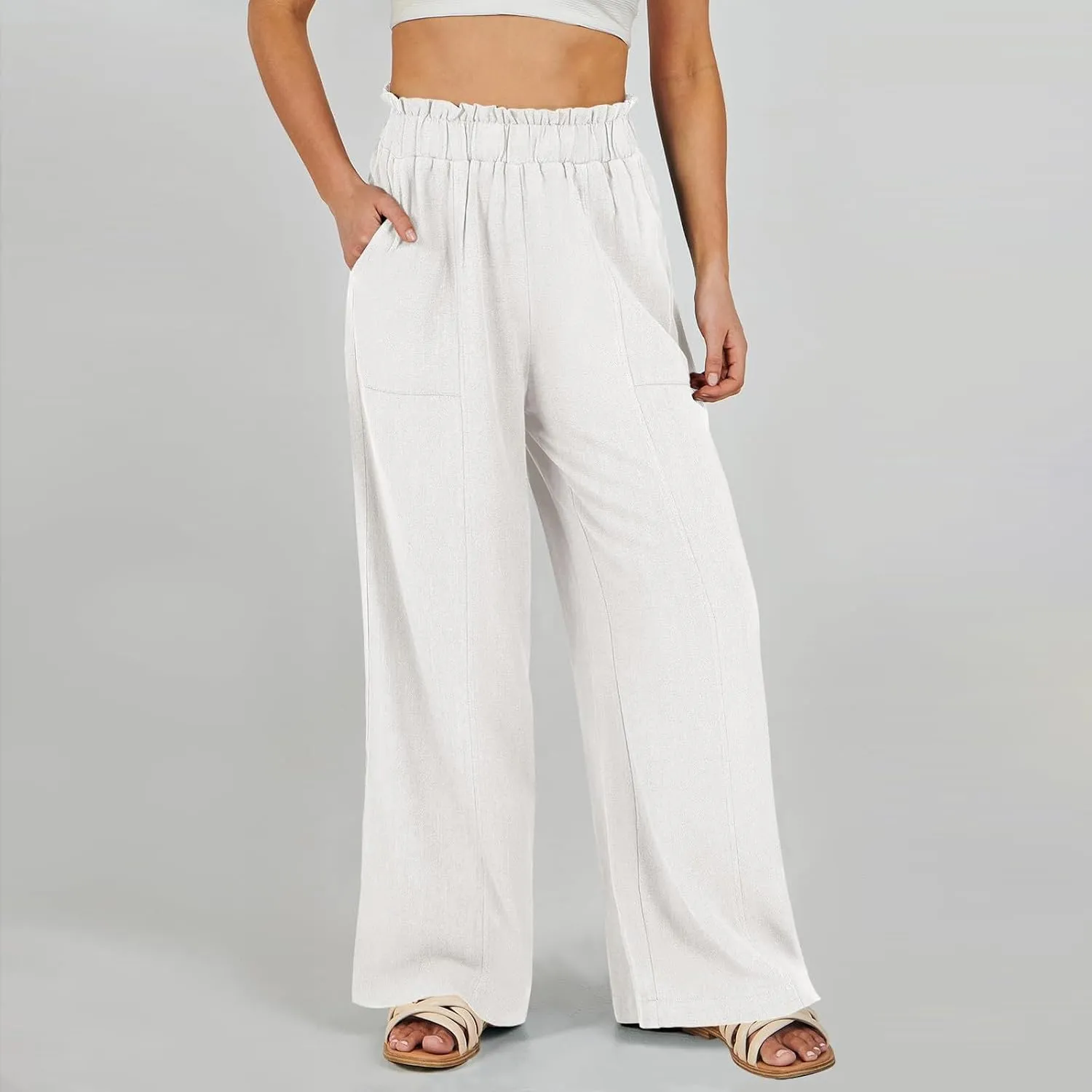 eoeioa Wide Leg Linen Pants for Women Summer Elastic High Waisted Palazzo Pants Business Casual Beach Trousers with Pockets
