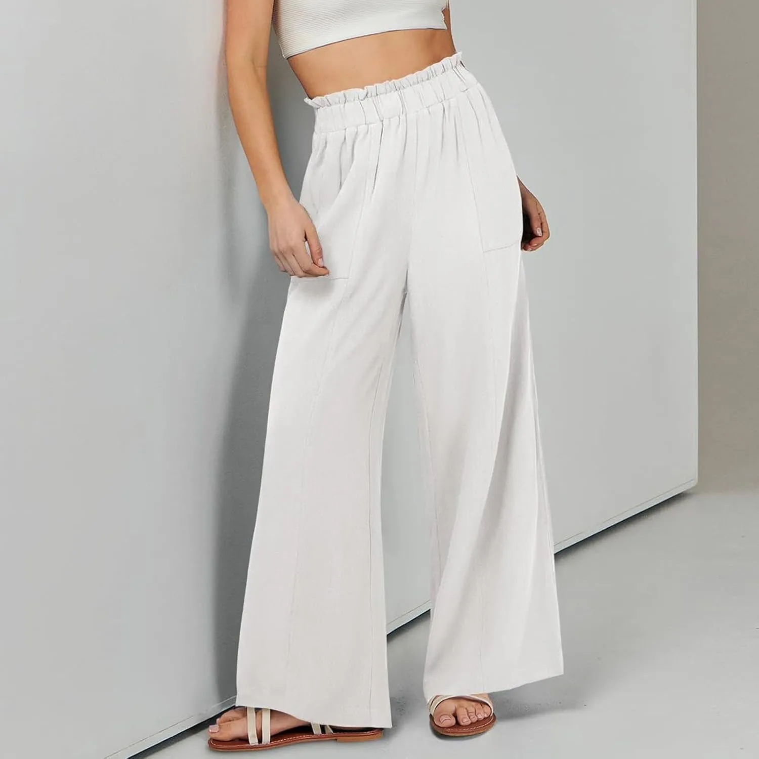 eoeioa Wide Leg Linen Pants for Women Summer Elastic High Waisted Palazzo Pants Business Casual Beach Trousers with Pockets