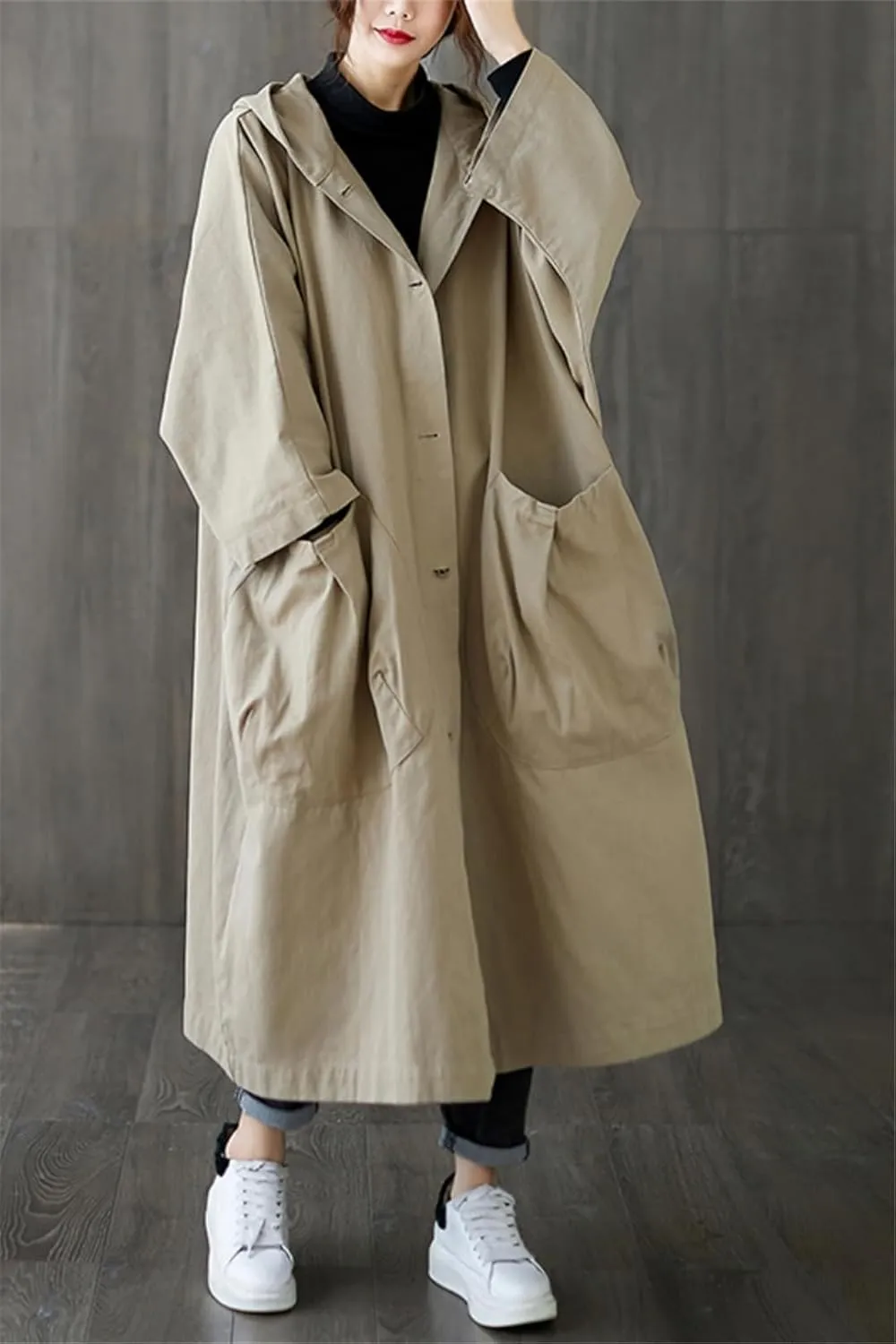 ERFMFKL Woman Hooded Long Coat Korean Trench Coat Autumn Loose Pockets Cardigan Outerwear