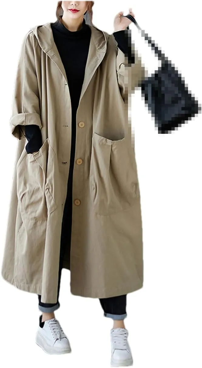 ERFMFKL Woman Hooded Long Coat Korean Trench Coat Autumn Loose Pockets Cardigan Outerwear