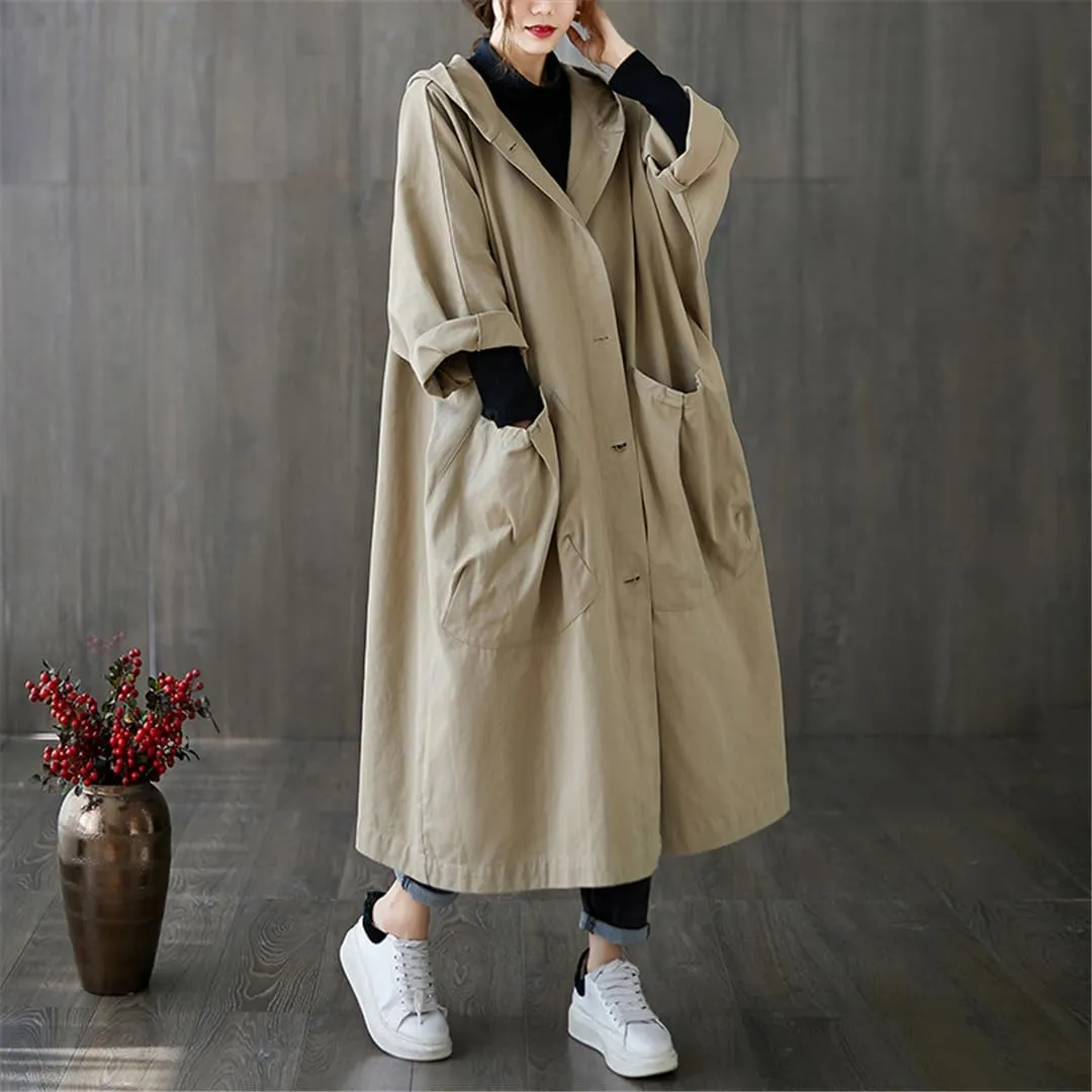 ERFMFKL Woman Hooded Long Coat Korean Trench Coat Autumn Loose Pockets Cardigan Outerwear
