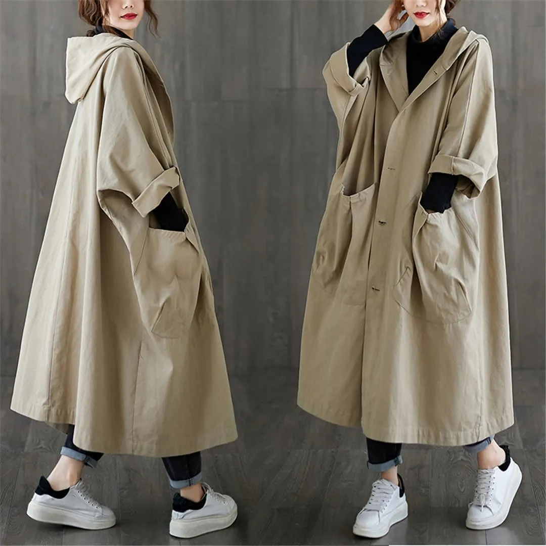 ERFMFKL Woman Hooded Long Coat Korean Trench Coat Autumn Loose Pockets Cardigan Outerwear