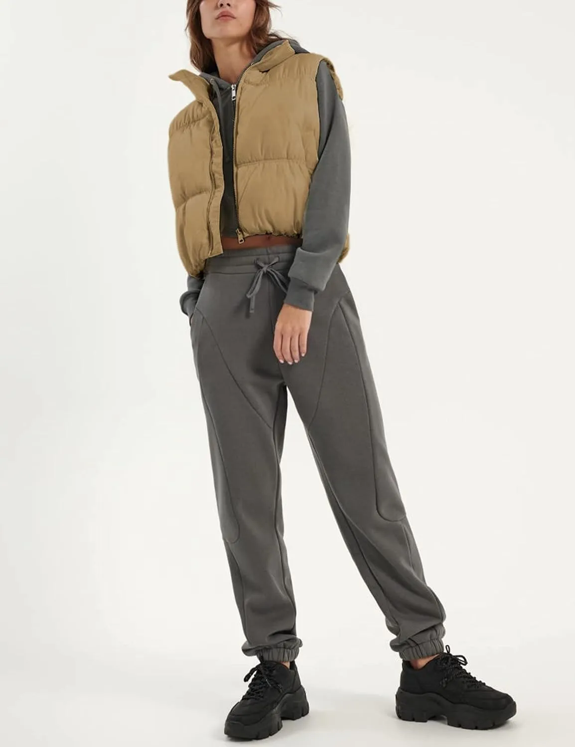 EsheSy Women's Cropped Puffer Vest Stand Collar Full Zip Sleeveless Warm Padded Jacket