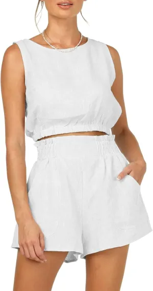 Eurivicy Women's 2pcs Summer Outfits Sleeveless Crop Tank Top and High Waist Pocketed Shorts Loose 2 Piece Short Sets
