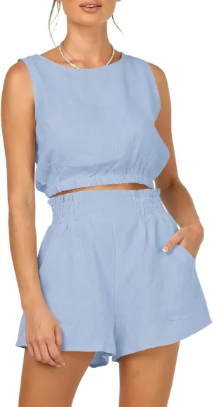Eurivicy Women's 2pcs Summer Outfits Sleeveless Crop Tank Top and High Waist Pocketed Shorts Loose 2 Piece Short Sets