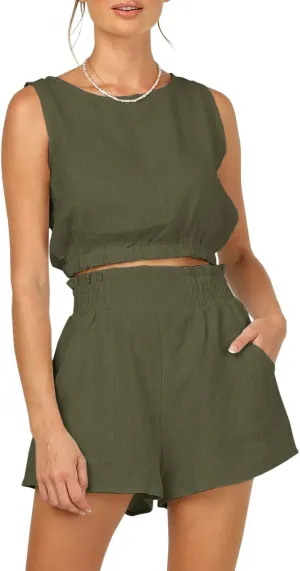 Eurivicy Women's 2pcs Summer Outfits Sleeveless Crop Tank Top and High Waist Pocketed Shorts Loose 2 Piece Short Sets