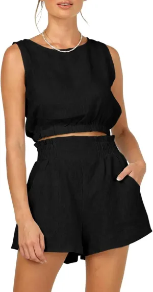 Eurivicy Women's 2pcs Summer Outfits Sleeveless Crop Tank Top and High Waist Pocketed Shorts Loose 2 Piece Short Sets