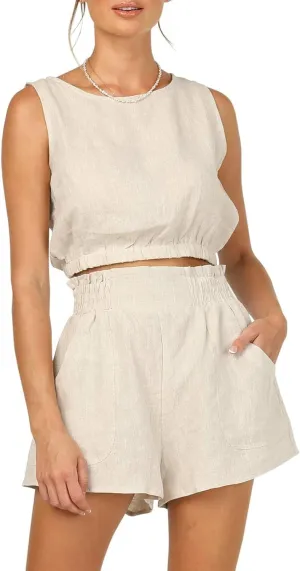 Eurivicy Women's 2pcs Summer Outfits Sleeveless Crop Tank Top and High Waist Pocketed Shorts Loose 2 Piece Short Sets