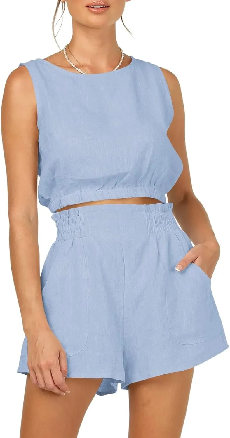 Eurivicy Women's 2pcs Summer Outfits Sleeveless Crop Tank Top and High Waist Pocketed Shorts Loose 2 Piece Short Sets