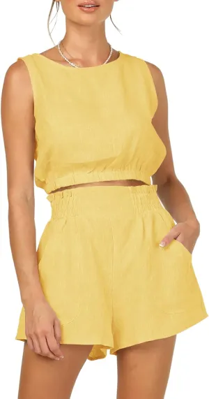 Eurivicy Women's 2pcs Summer Outfits Sleeveless Crop Tank Top and High Waist Pocketed Shorts Loose 2 Piece Short Sets