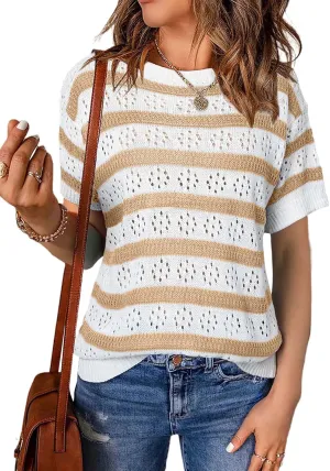 EVALESS Womens Short Sleeve Sweater Casual Crewneck Knit Shirt Tops Spring Trendy Striped Color Block Crochet Sweaters