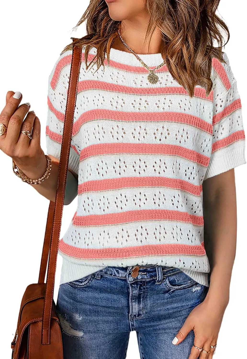 EVALESS Womens Short Sleeve Sweater Casual Crewneck Knit Shirt Tops Spring Trendy Striped Color Block Crochet Sweaters
