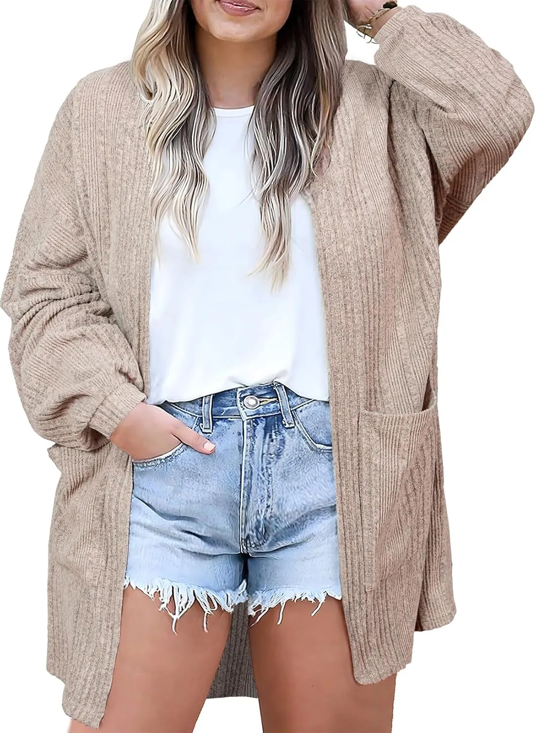 Eytino Womens Plus Size Cardigan Long Sleeve Open Front Casual Knit Sweaters with Pockets Loose Outwear(1X-5X)