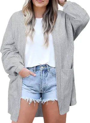 Eytino Womens Plus Size Cardigan Long Sleeve Open Front Casual Knit Sweaters with Pockets Loose Outwear(1X-5X)